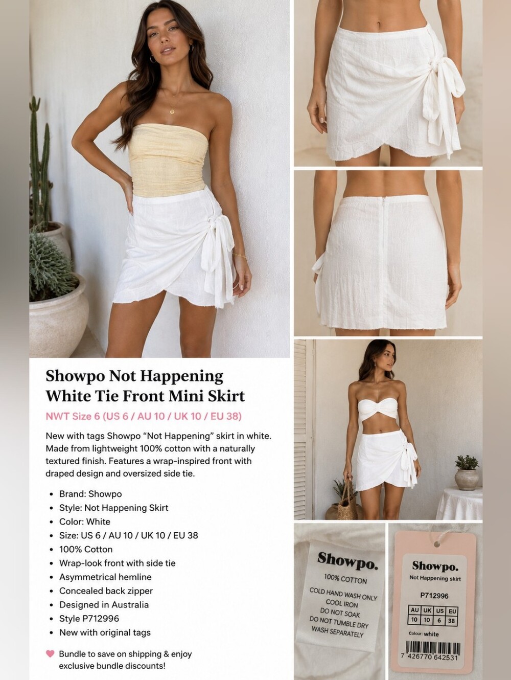 Showpo Not Happening 100% Cotton White Tie Front Mini Skirt NWT Size 6 - Picture 16 of 16